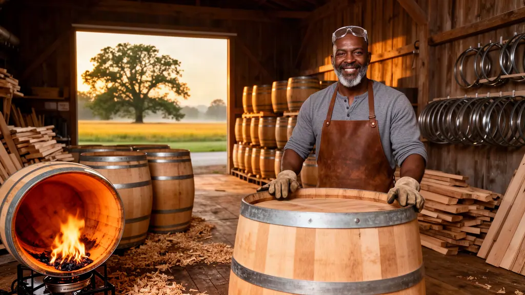 A smiling cooper in a leather apron rests his gloved hands on a new oak barrel, another barrel charring with flames beside him.