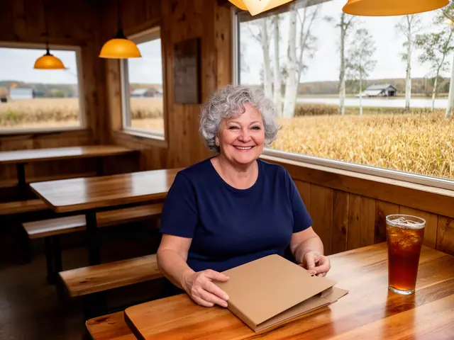 A smiling restaurant owner seated with a folder and sweet tea by a window onto golden fields.