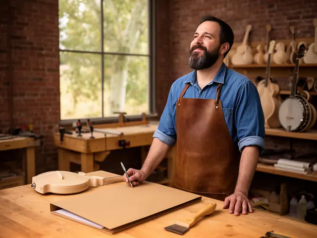 A smiling instrument maker in a leather apron at his bench with a mandolin body, banjos on the shelves.